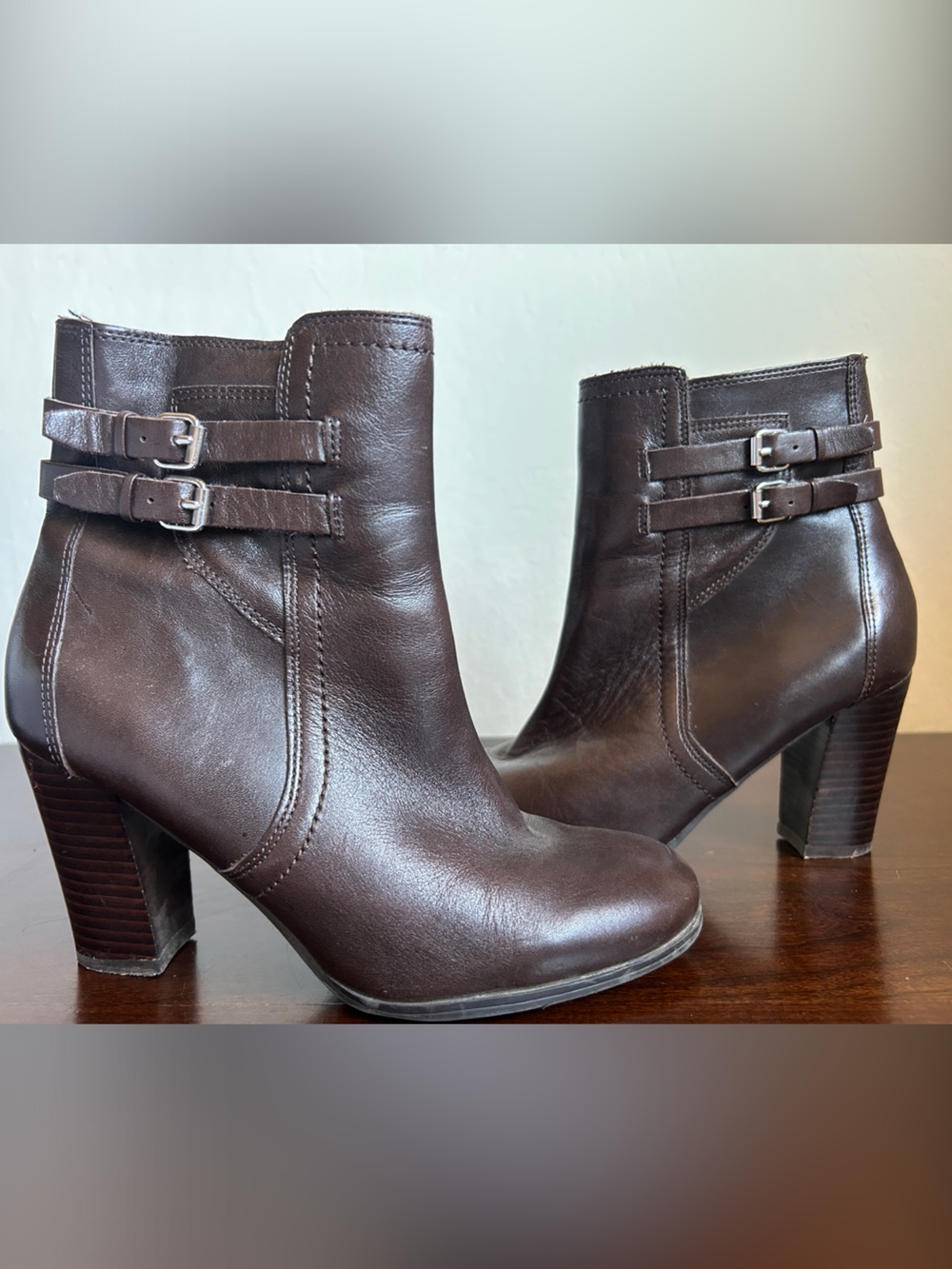 Marc Fisher Women’s Dark Brown Leather Ankle Boots with Buckle Detail
